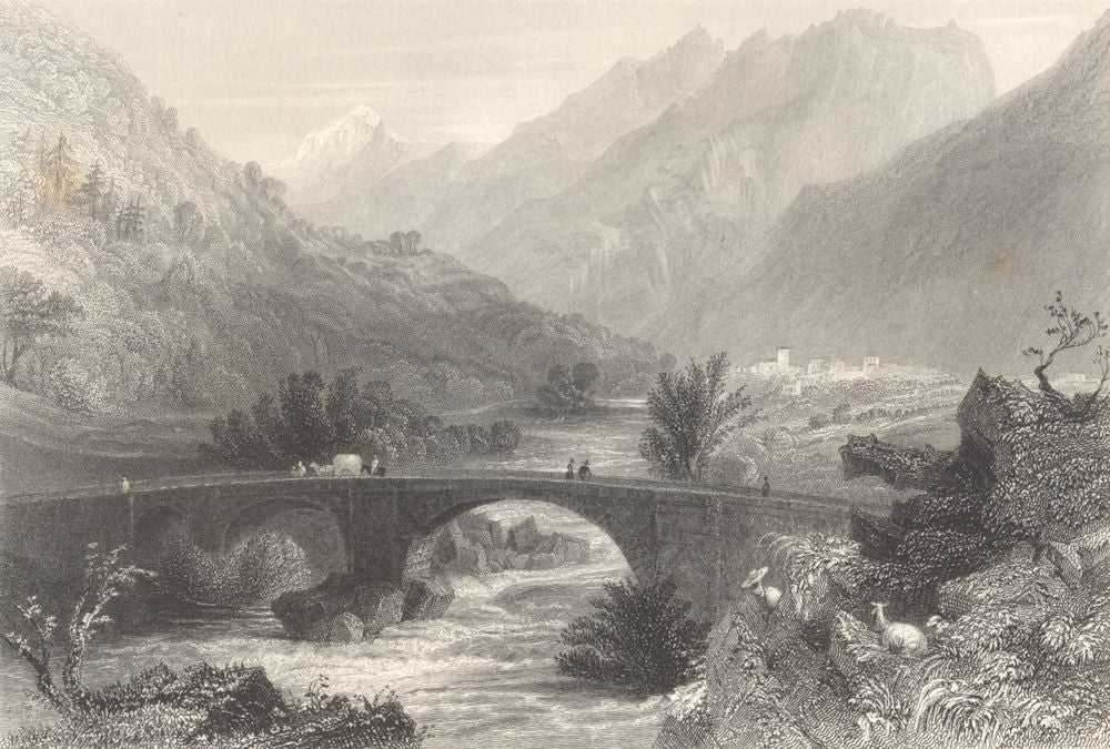 PIEDMONT/PIEMONTE. View of Pomaretto. Hay cart on bridge. BARTLETT 1838 print